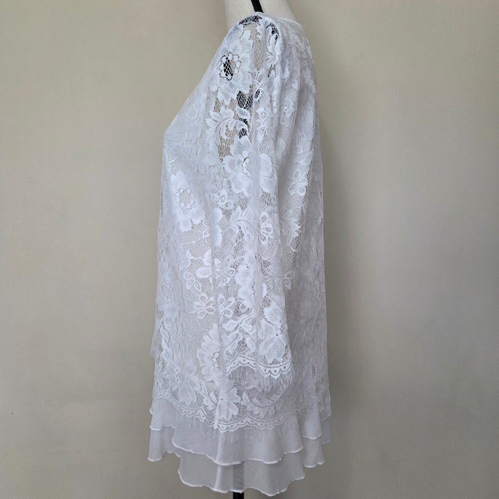 Fair Lay 10 Lace Dressy Layered Pullover 3/4 Sleeve Scoop Neck Blouse Top Ivory - Picture 6 of 16
